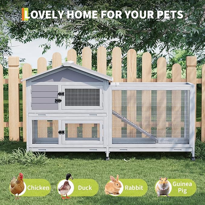 Rabbit Hutch with Ramp & Waterproof Roof, Bunny Cage for Indoor/Outdoor, 2-Story Design, Rabbit Cage with 6 Lockable Caster Wheels & Three Pull-Out Trays (Grey)