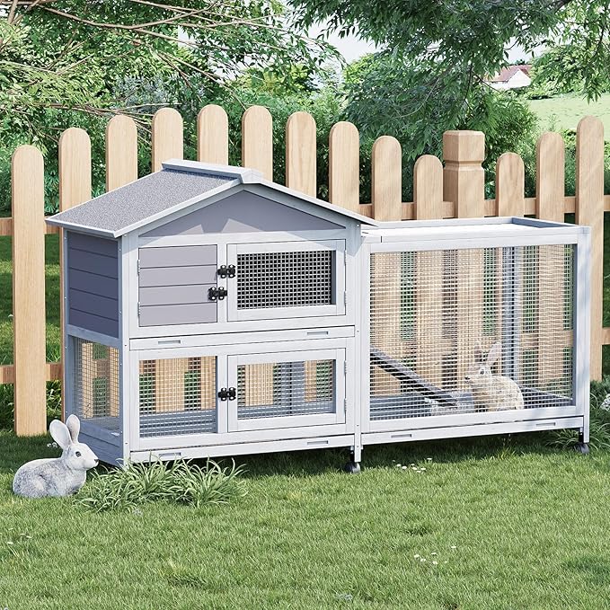 Rabbit Hutch with Ramp & Waterproof Roof, Bunny Cage for Indoor/Outdoor, 2-Story Design, Rabbit Cage with 6 Lockable Caster Wheels & Three Pull-Out Trays (Grey)