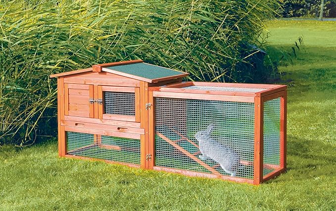 TRIXIE natura Outdoor Rabbit Hutch with Run - Small Elevated Rabbit Cage with Non-Slip Ramp - Small Animal House with Large Playpen, Hinged Roof & Pull-Out Tray - in Natural