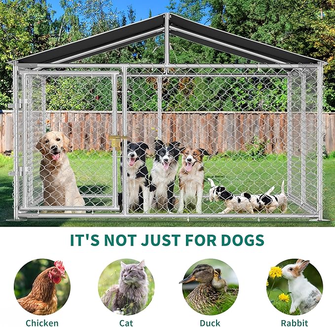 DWVO Outdoor Dog Enclosure with Roof, 7.5'x7.5' Dog Kennel Outside with Metal Gate, Dog House Large Dogs for Yard