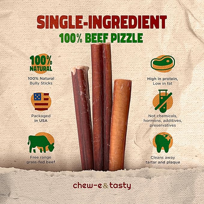 chew-e&tasty 6 Inch Bully Sticks for Dogs (Pack of 20) - Natural, USDA Certified & Odor Free Bully Sticks - Made of Fully Digestible High Protein & Low Fats Dog Bully Sticks for Medium Dogs