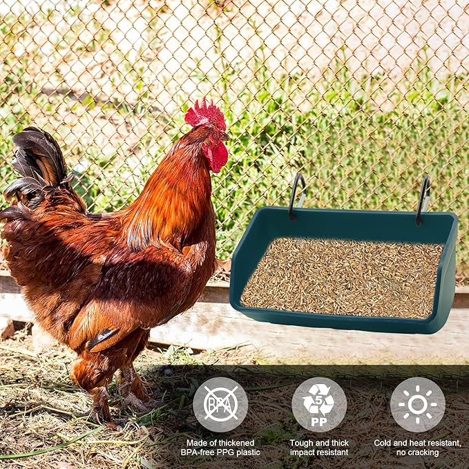 Fence Hanging Chicken Feeder - 4 Pack Feed Trough with Clips for Goat Duck Sheeple Horse Goose, Pig Poultry, Chicken Feeder Bucket Feeding Container for Livestock (Green)
