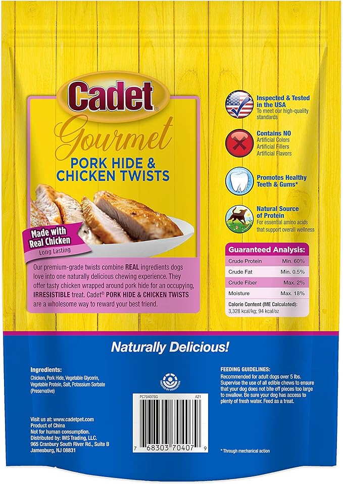 Cadet Gourmet 5-Inch Pork Hide Twist Chew Sticks, Long-Lasting and Natural Rawhide Chews for Dogs, Inspected & Tested in USA, Chicken Flavor, 22 Count