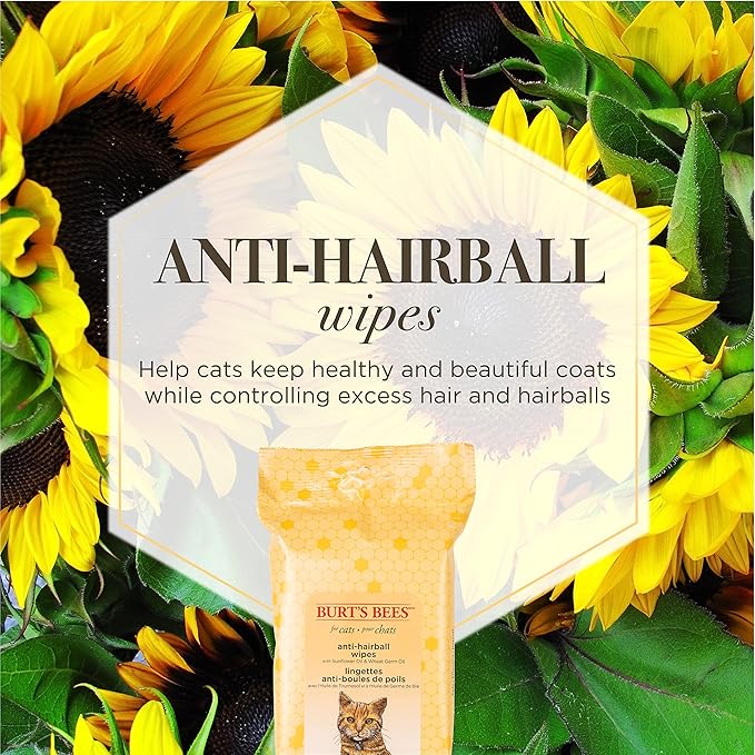 Burt's Bees for Pets Anti-Hairball Wipes for Cats with Sunflower Oil and Wheat Germ Oil, 98% Natural Origin Formulas, Cat Hairball Remedy, Cat Wipes for Hairballs, Cat Hairball Wipes, 50ct