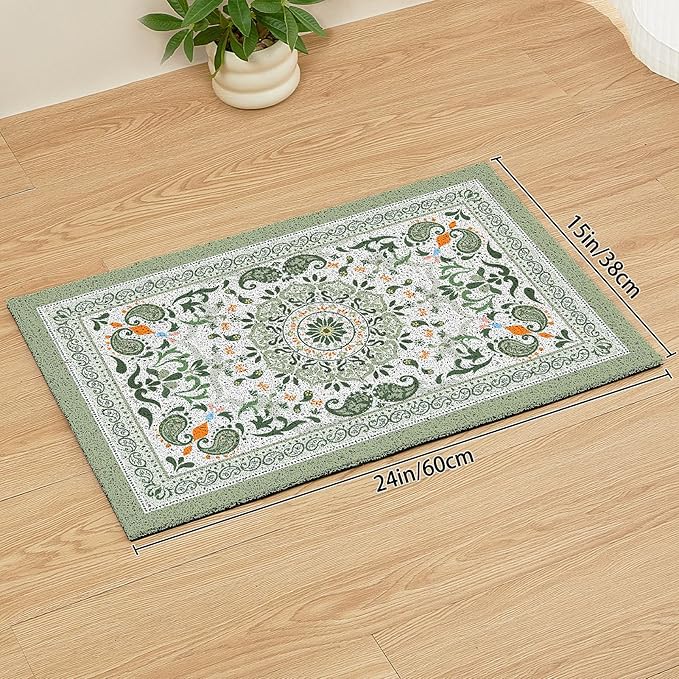 Unicorn Catcher Cat Litter Mat 24" x 15" Non-Slip Litter Box Mat Washable Litter Catcher Mat for Litter Box Indoor Food Mat Supplies Essentials, Green Mandala