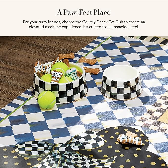 MACKENZIE-CHILDS Pet Bowl, Cute Cat and Dog Bowl for Food and Water, Black-and-White Courtly Check, Large