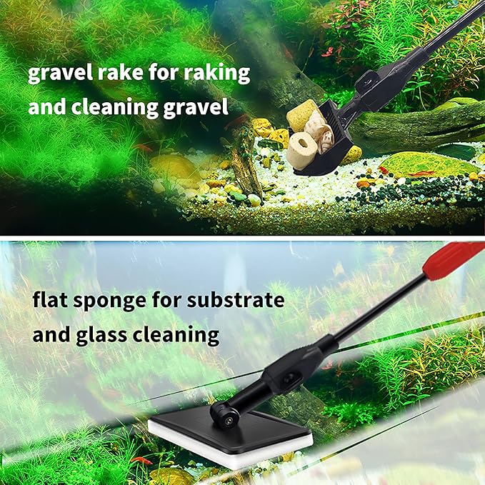 Aquarium Cleaning Tool - 6 in 1 Fish Tank Cleaning Tools - Fish Tank Brush Cleaner Set,with Adjustable Long Handle,Algae Scraper Scrubber Pad Scrub Brush Fish Net Gravel Rake
