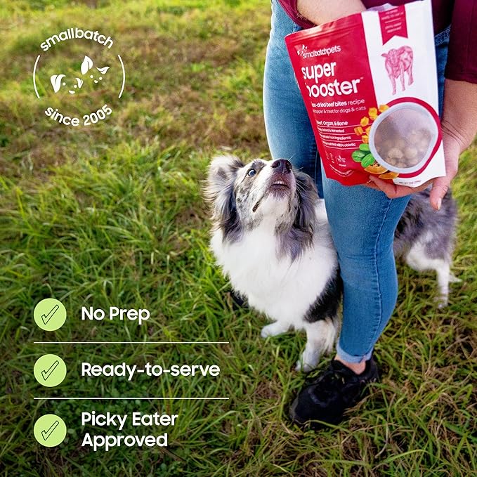 smallbatch Freeze Dried Dog Treats, Superfood Food Topper Beef Bites for Dogs & Cats, Probiotics, Organic Ingredients, High Protein, Grain Free Healthy Treat Food Topper, Made in The USA, 18 oz Bag