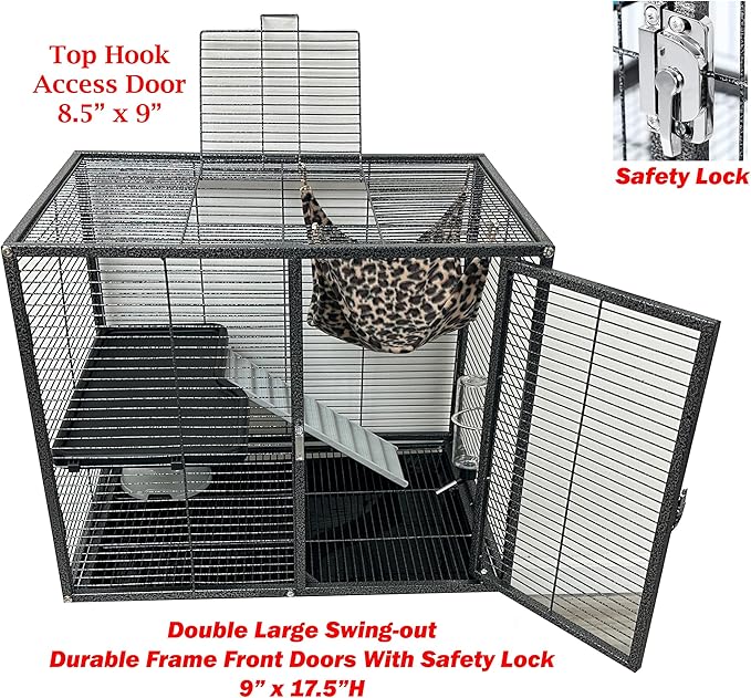 Deluxe Two Full Story Double Unit 4-Tiers Chew-Proof Tight 1/2-Inch Bar Spacing Double Durable Front Doors Feisty Ferret Hammock Squirrel Chinchilla Rat Gerbil Small Animal Critter Rolling Home Cage