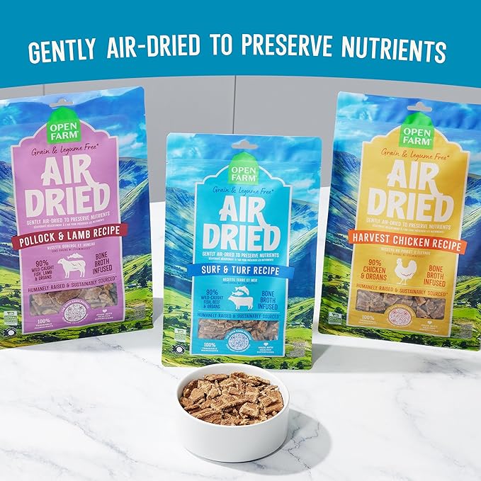 Open Farm, Air Dried Dog Food Infused with Bone Broth, Grain & Legume Free, Complete Meal or Food Topper, Surf & Turf Recipe, 1lb Bag