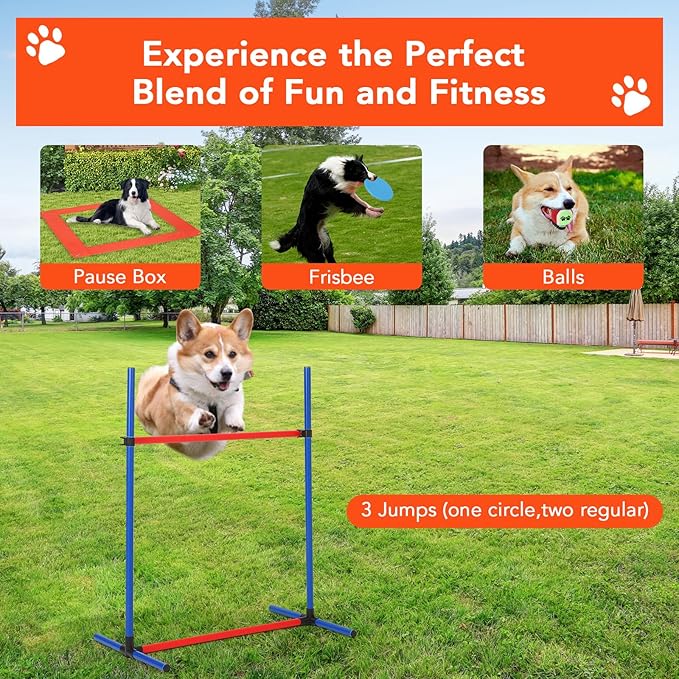 Dog Agility Training Equipment, Perfect Obstacle Course Backyard Set with Tunnel, 2 Agility Hurdle, 8 Weave Poles, Jump Ring, Pause Box, Toy Balls and Storage Bag, Dog Outdoor Game Sets (87 PCS)
