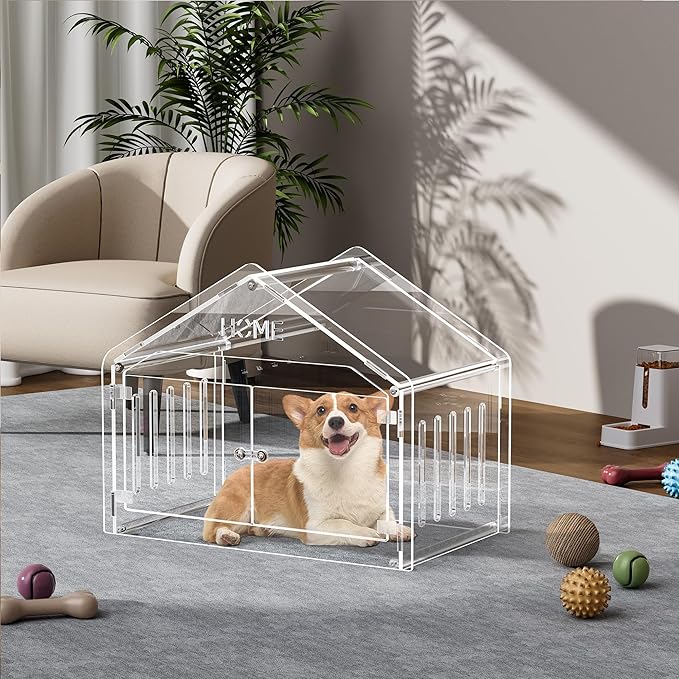 Acrylic Dog House Indoor.Clear Dog Crate for Small Dogs, Modern Indoor Dog Kennel for Most Small Dog Cat Pet (Clear, 15.7 * 21.5 * 27 inch)