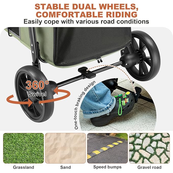 Medium Dog Stroller, Dual Entry One-Touch Folding,Small and Medium Pet Stroller,360° Rotating Front Wheels,70 lbs Weight Capacity for Outdoor Travel and Elderly Dogs - Green