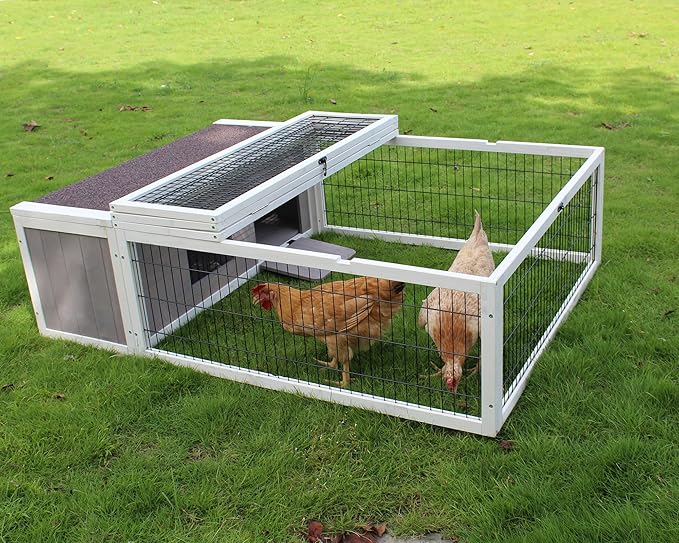 Tortoise House Habitat Wooden with Waterproof Cover, Chicken Coop with Run Rabbit Hutch Small Animal Hutch Enclosure Indoor/Outdoor-Grey + White Trim