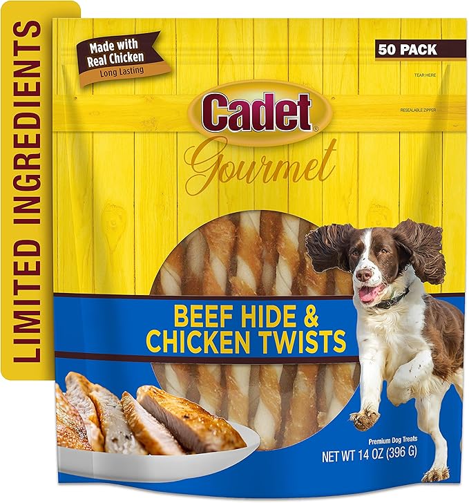 Cadet Gourmet 5-Inch Beef Hide Twist Chew Sticks, Long-Lasting and Natural Rawhide Chews for Dogs, Inspected & Tested in USA, Chicken Flavor, 50 Count