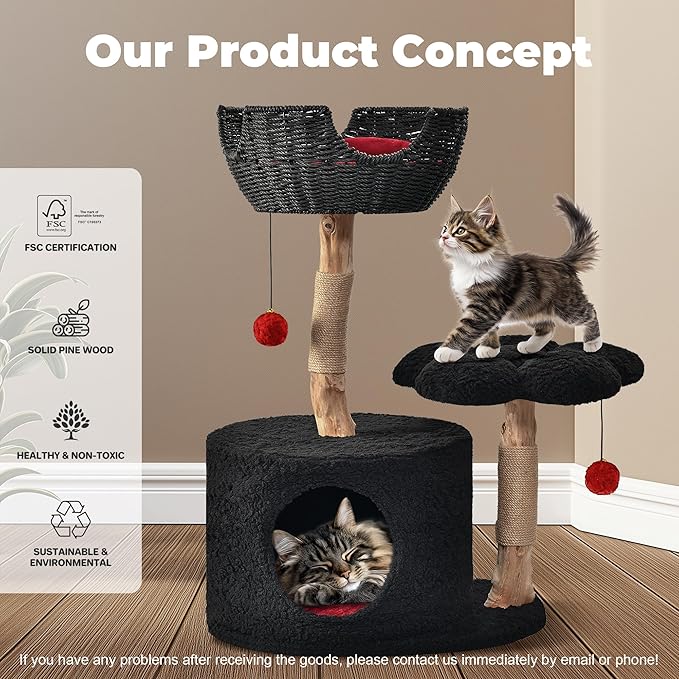 Easyego Modern Cat Tree, Aesthetic Wood Cat Tree Tower for Large Cats, Luxury Cat Condo with Scratching Posts and Flower Platforms, Cat Furniture by Easyego,(Black)