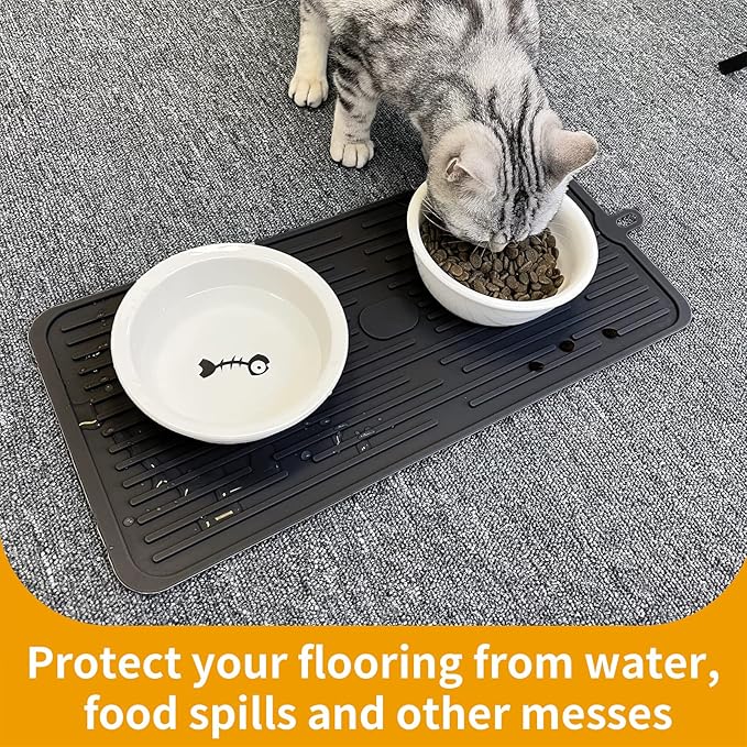 Ptlom Pet Placemat for Dog and Cat, Mat for Prevent Food and Water Overflow, Suitable for Medium and Small Pet, Black, Silicone