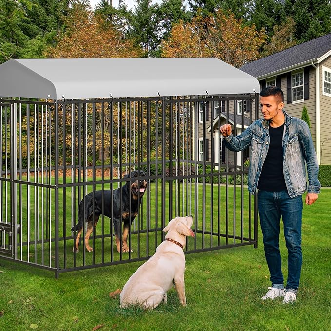 8X4x6FT Large Outdoor Dog Kennel with Swivel Feeder & UV-Resistant Waterproof Roof Covered, Heavy Duty Dog Cage Playpen for Medium and Large Dogs, Easy Assembly