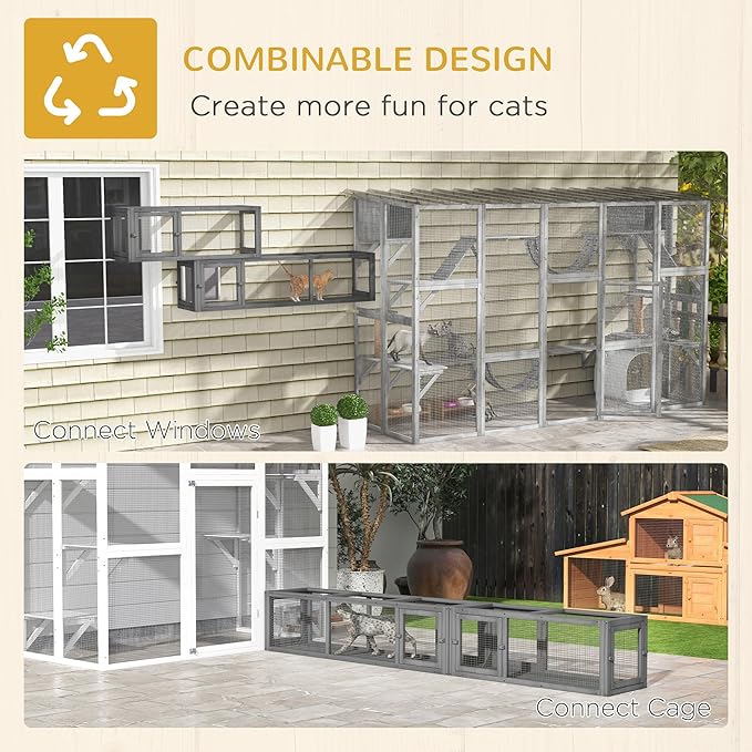 PawHut Cat Tunnel Outdoor, Wooden Cat Tube with Combinable Design, 8 Doors, 98" Cat Toys for Kitty, Puppy, Pet, House, Window, Cage, Dark Gray