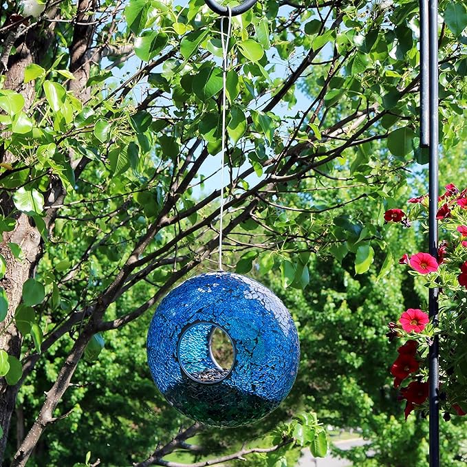 Topadorn Bird Feeder Fly Through Mosaic Round Stained-Glass Birdfeeder, Outdoor Hanging Blue Wild Bird Feeder Squirrels-Proof for Garden Decoration Gift, 9"
