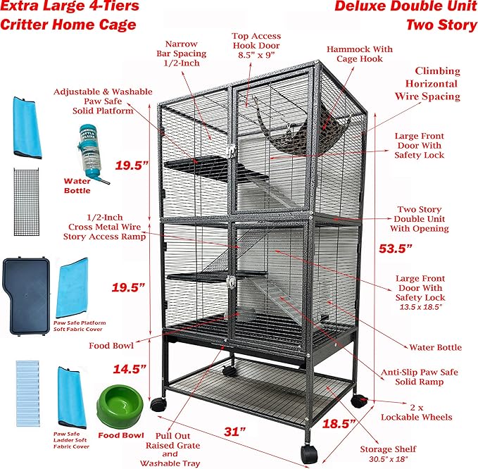 X-Large 31"x18.5"x53.5"H Deluxe Double Unit 4-Tiers Tight 1/2-Inch Bar Spacing Large Front Doors Water Bottle Food Bowl Feisty Ferret Hammock Squirrel Chinchilla Rat Small Animal Critter Rolling Cage