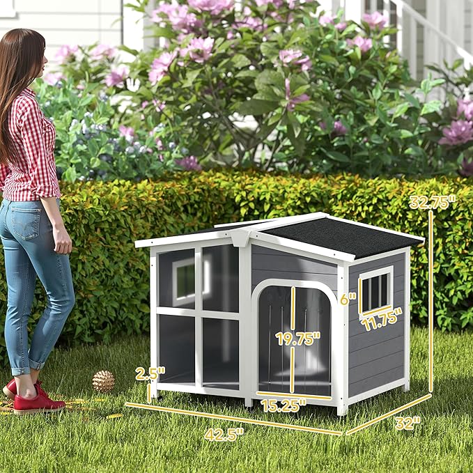 PawHut Cabin-Style Wooden Dog House for Large Dogs Outside with Openable Roof & Giant Window, Big Dog House Outdoor & Indoor, Asphalt Roof, Gray