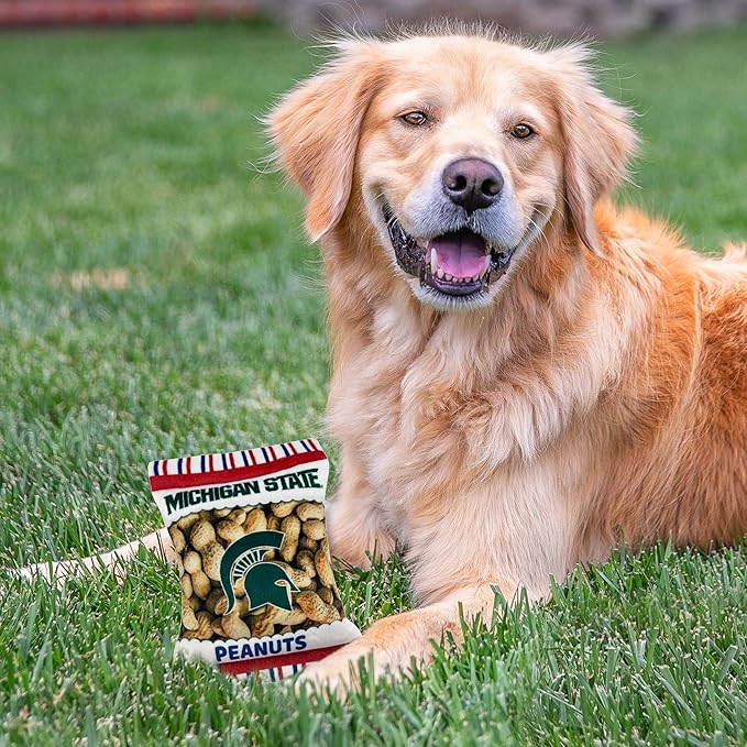 NCAA Michigan State Spartans Crinkle FINE Plush Dog & CAT Squeak Toy- Cutest Stadium Peanuts Snack Toy for Dogs & Cats with Inner Squeaker & Beautiful Football/Basketball Team Name/Logo