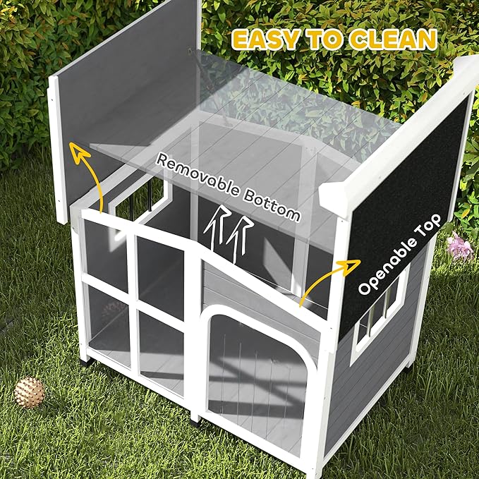 PawHut Cabin-Style Wooden Dog House for Large Dogs Outside with Openable Roof & Giant Window, Big Dog House Outdoor & Indoor, Asphalt Roof, Gray