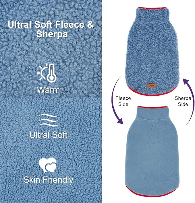 cyeollo Warm Dog Coat, Reversible Fleece Vest Dog Jacket for Winter Sherpa Turtleneck Pet Clothes Puppy Jackets Cold Weather Doggie Coats for Small Dogs, Blue S