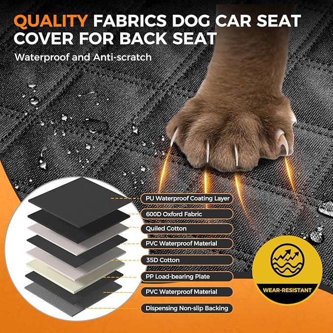 Dog Car Seat Cover for Back Seat, Hard Bottom Up to 500lbs Back Seat Extender for Dogs, Waterproof Non-Slip Sturdy Breathable Comfortable Dog Hammock for Car, SUV,Truck
