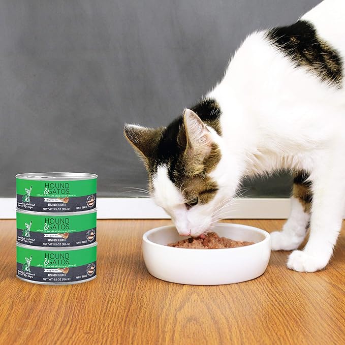Hound & Gatos Wet Cat Food, 98% Duck & Liver, Grain Free Pate Cat Food, Real Meat, High Protein, Limited Ingredients, No Additives, 5.5 oz. Cans (Pack of 24)