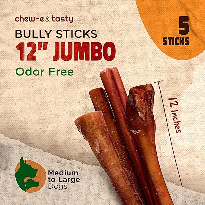 chew-e&tasty 12" Premium Bully Sticks (5 Pack) – Odor-Free All Natural Beef Chews – Single Ingredient, 100% Digestible, High Protein & Low Fat Rawhide-Free Dental Treats for Large & Extra-Large Dogs