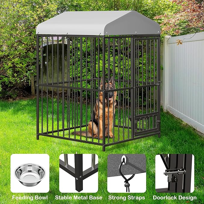 4X4x6FT Large Outdoor Dog Kennel with Swivel Feeder & UV-Resistant Waterproof Roof Covered, Heavy Duty Dog Cage Playpen for Medium and Large Dogs, Easy Assembly
