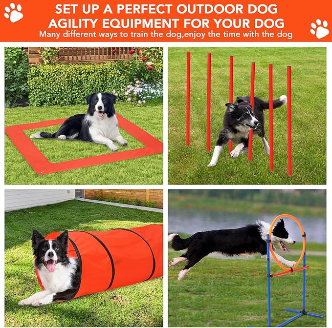 Dog Agility Training Equipment, Perfect Obstacle Course Backyard Set with Tunnel, 2 Agility Hurdle, 8 Weave Poles, Jump Ring, Pause Box, Toy Balls and Storage Bag, Dog Outdoor Game Sets (87 PCS)