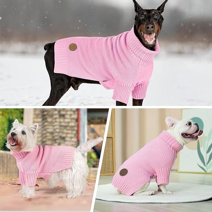 cyeollo Dog Sweater Knitwear Turtleneck Soft Knitwear Pullover Sweaters with Leash Hole Warm Dog Clothes for Large Dogs,Pink, XXXL