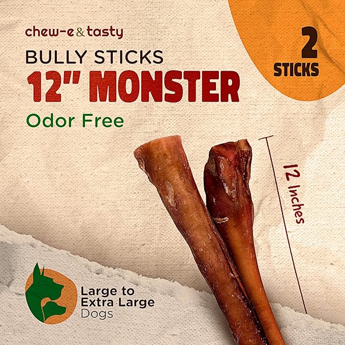 chew-e&tasty 12" Monster Odor Free Bully Sticks (Pack of 2) - Long Lasting Beef Chews - Made of Digestible High Protein & Low Fat Dental Treats Bully Sticks for Large to Very Large Dogs