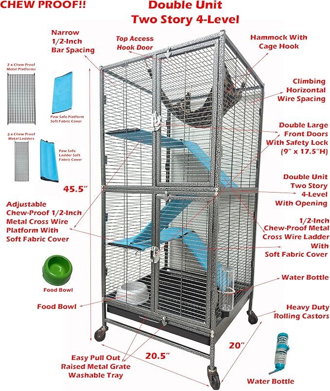 Deluxe Two Full Story Double Unit 4-Tiers Chew-Proof Tight 1/2-Inch Bar Spacing Double Durable Front Doors Feisty Ferret Hammock Squirrel Chinchilla Rat Gerbil Small Animal Critter Rolling Home Cage