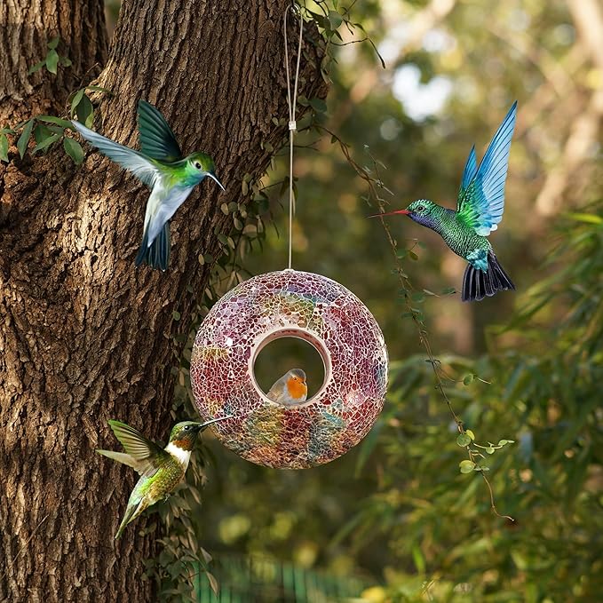 Topadorn Mosaic Bird Feeder - Hanging Circular Fly-Through Feeder for Wild Birds
