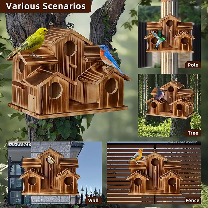 Bird House for Outside 5 Hole Bird Houses Room for 5 Bird Families Large Bird House for Garden/Courtyard/Backyard for Garden Decor-Finch Bluebird Cardinals Handmade Wooden Hummingbird House