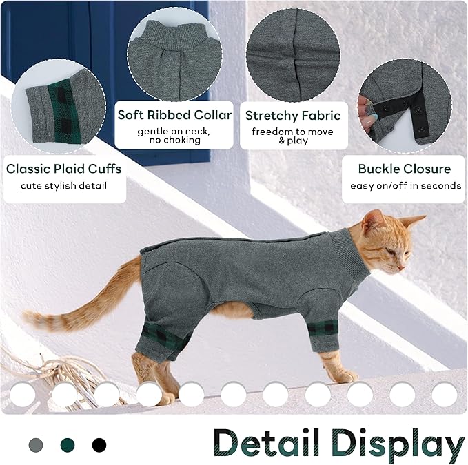 PUMYPOREITY Cat Shirt with Rear Snap Closure, Stretchable Cat Sweater, Comfort Pajamas Post-Bath, Recovery Suit - Full Coverage for Wound Care, Kitten Onesie - Machine Washable, S, Grey