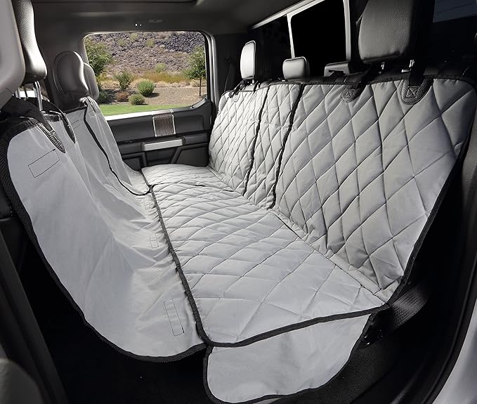 4Knines Bench Seat Covers for Trucks with Dog Hammock & Split-Tech - Rear Seat Protector for Dogs Fits Full Size Crew Cab with Split Bench Seats - Waterproof Dog Seat Cover (Passenger Side, Grey)