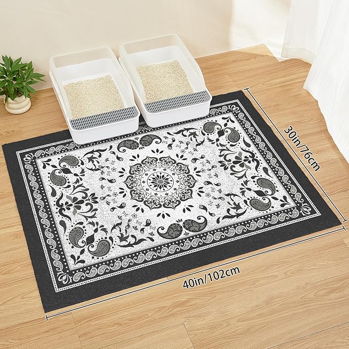 Unicorn Catcher Cat Litter Mat 40" x 30" Non-Slip Litter Box Mat Washable Litter Catcher Mat for Litter Box Indoor Food Mat Supplies Essentials, Black Mandala