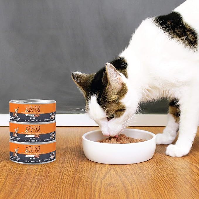 Hound & Gatos Wet Cat Food, 98% Beef, Grain Free Pate Cat Food, Real Meat, High Protein, Limited Ingredients, No Additives, 5.5 oz. Cans (Pack of 24)
