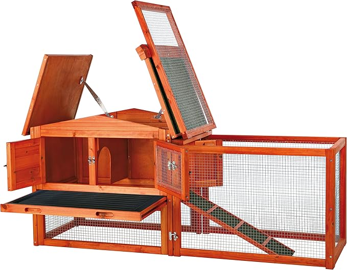 TRIXIE natura Outdoor Rabbit Hutch with Run - Small Elevated Rabbit Cage with Non-Slip Ramp - Small Animal House with Large Playpen, Hinged Roof & Pull-Out Tray - in Natural