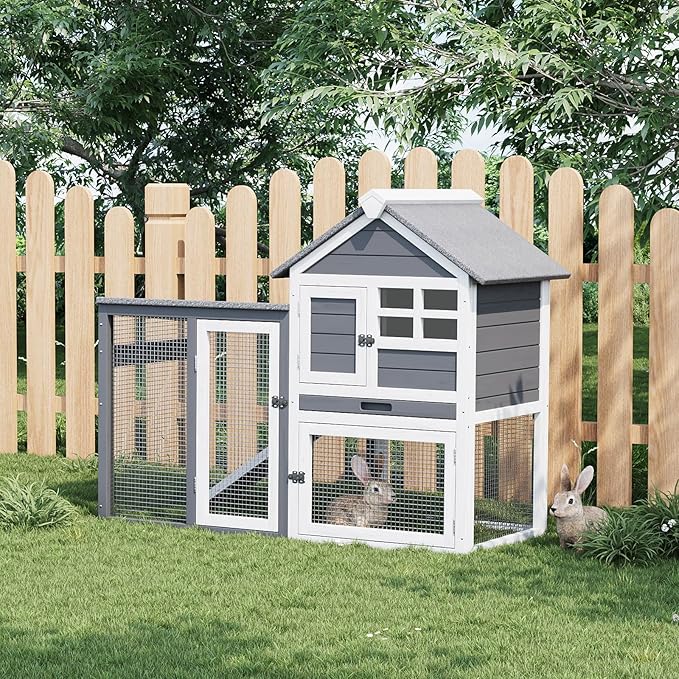 Rabbit Hutch Bunny Cage Indoor Outdoor, Small Wooden Chicken Coop, with Waterproof Roof, Pull Out Tray and Anti-Slip Ramp (45.28" L x 20.08" W x 36.61" H)