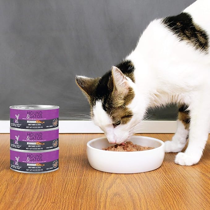 Hound & Gatos Wet Cat Food, 98% Turkey & Liver, Grain Free Pate Cat Food, Real Meat, High Protein, Limited Ingredients, No Additives, 5.5 oz. Cans (Pack of 24)