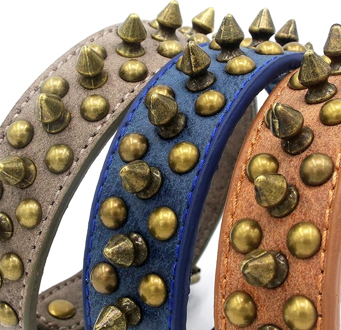 Spiked Dog Collar, Mushrooms Rivet Studded Adjustable Pu Leather Pet Collars for Cats Puppy Dogs (M, Khaki)