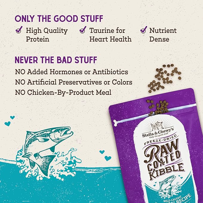 Stella & Chewy's Raw Coated Cat Food - High Protein, Grain-Free Kibble with Wild-Caught Salmon - Premium Digestive Support with Probiotics - Natural Small Kibble - Perfect For Picky Eaters - 5 lb Bag