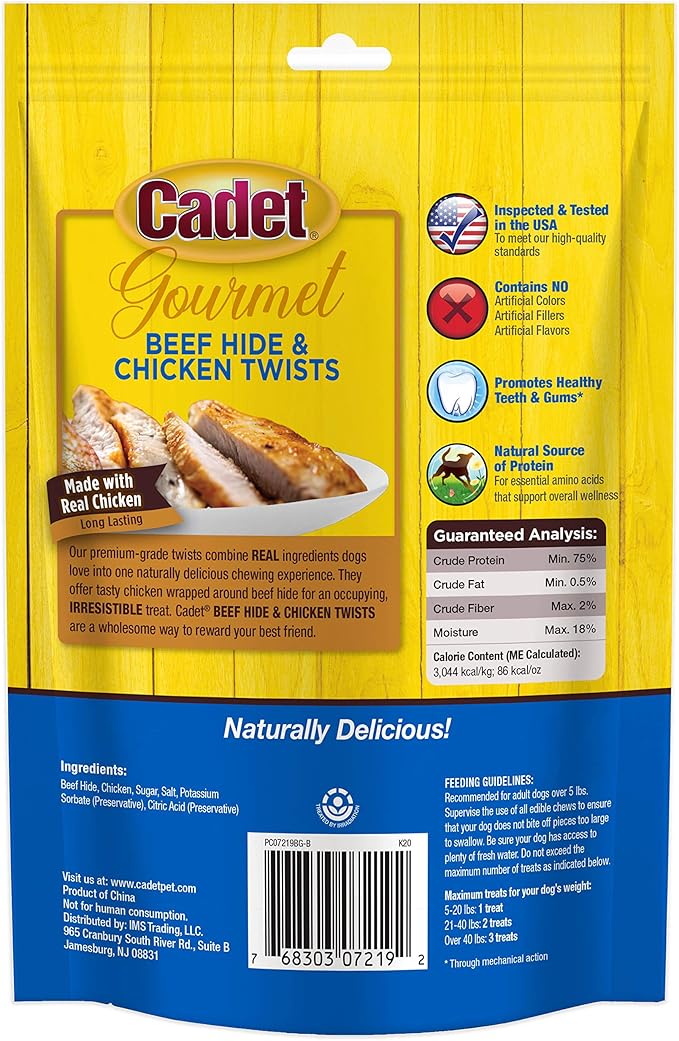 Cadet Gourmet Beef Hide Twist Chew Sticks, Long Lasting & Natural Chew Treats for Dogs, Inspected & Tested in USA, Chicken Flavor (14 Count)