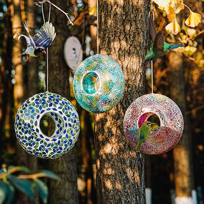 Topadorn Mosaic Bird Feeder - Hanging Circular Fly-Through Feeder for Wild Birds